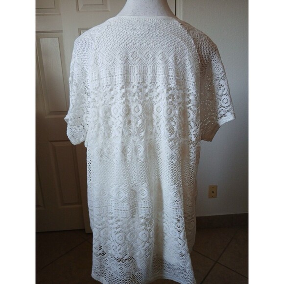 Chaps Womens Blouse Beige Ivory Lace Lined Short Sleeve Scoop Neck Size 1X Beach - Picture 2 of 14